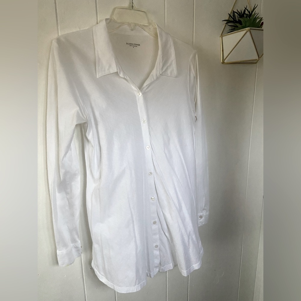 Eileen Fisher white long sleeve collared button down shirt size Medium
